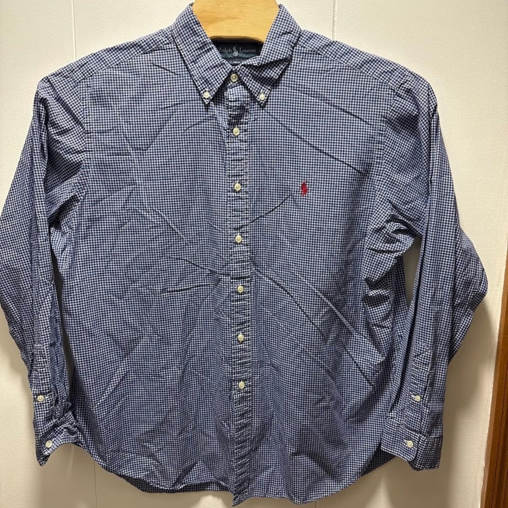 Polo Ralph Lauren Mens XXL Classic Fit Gingham Button Down Shirt Navy Blue White